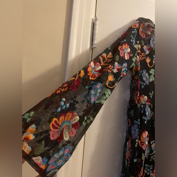 Zara Knit Slip Dress with Vibrant Floral Embroidered Mesh Overlay Size Medium - Picture 4 of 9